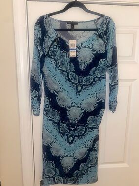 INC International Concepts Blue Snake-Print Long Sleeve Bodycon Dress